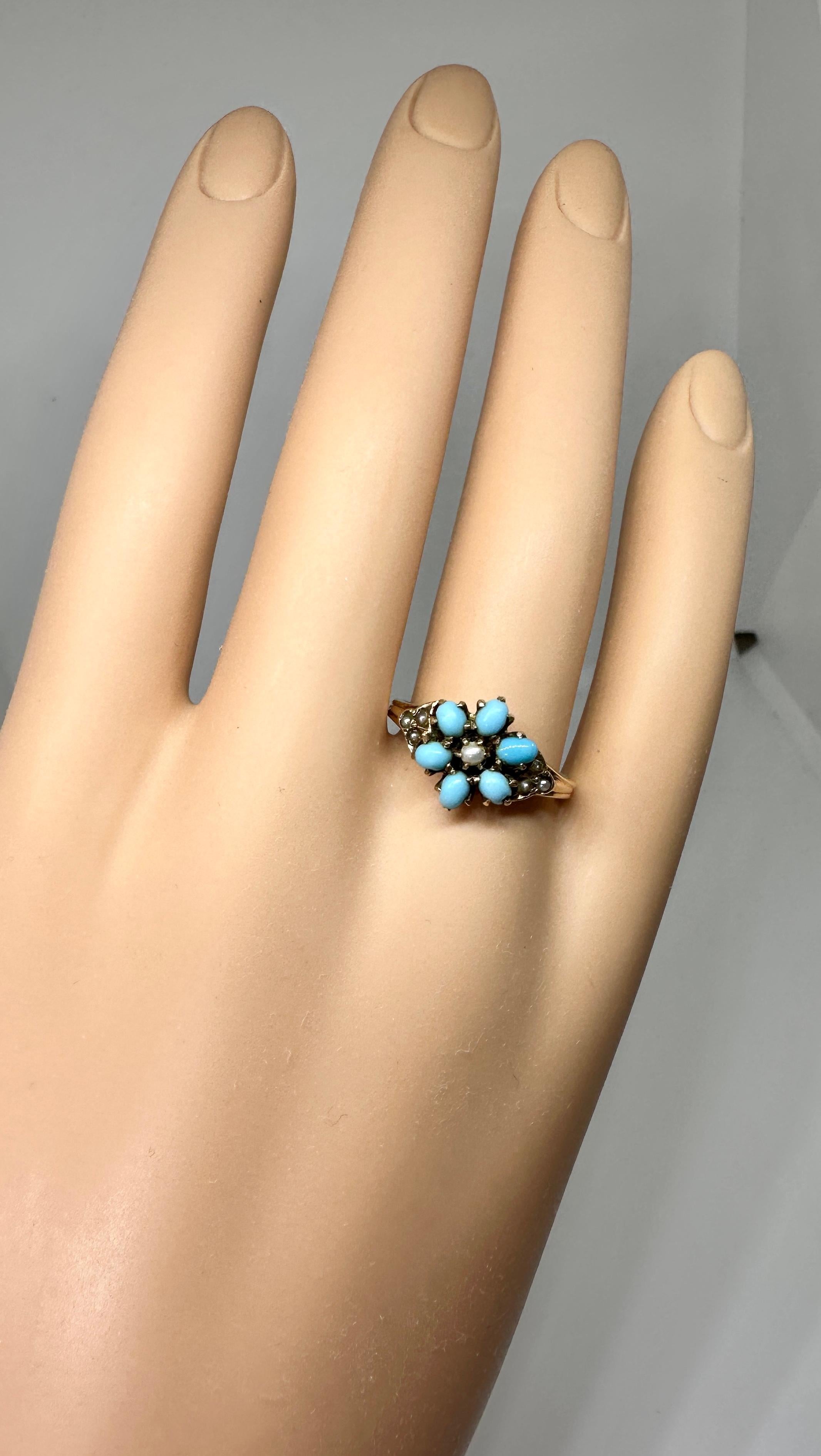 Victorian Turquoise Pearl Ring Flower Motif Gold Antique Engagement Ring In Good Condition For Sale In New York, NY