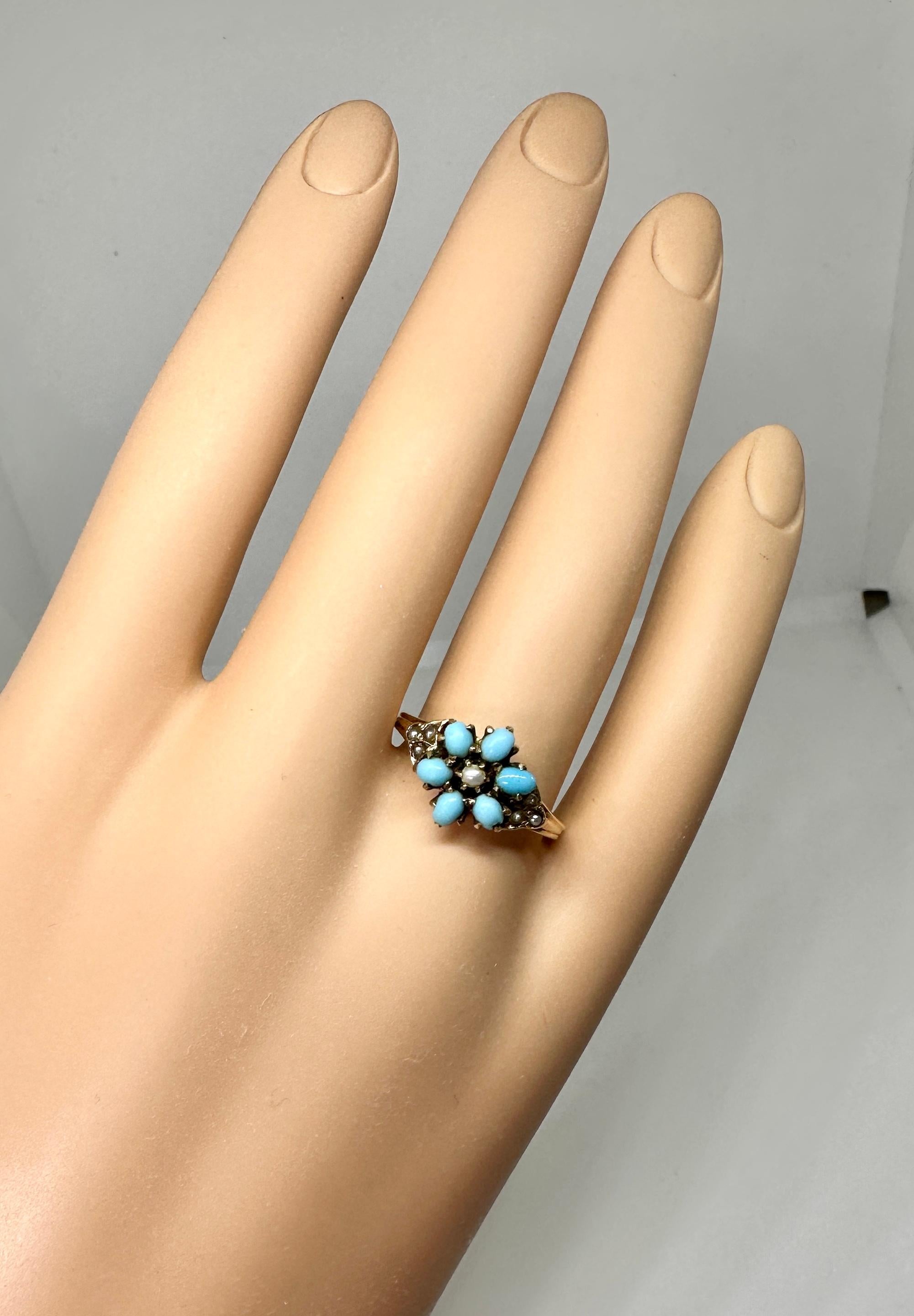 Women's Victorian Turquoise Pearl Ring Flower Motif Gold Antique Engagement Ring For Sale