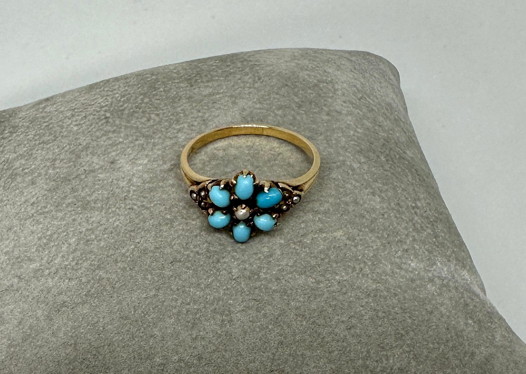Victorian Turquoise Pearl Ring Flower Motif Gold Antique Engagement Ring For Sale 1