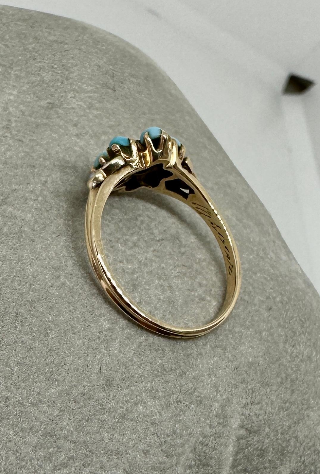 Victorian Turquoise Pearl Ring Flower Motif Gold Antique Engagement Ring For Sale 2