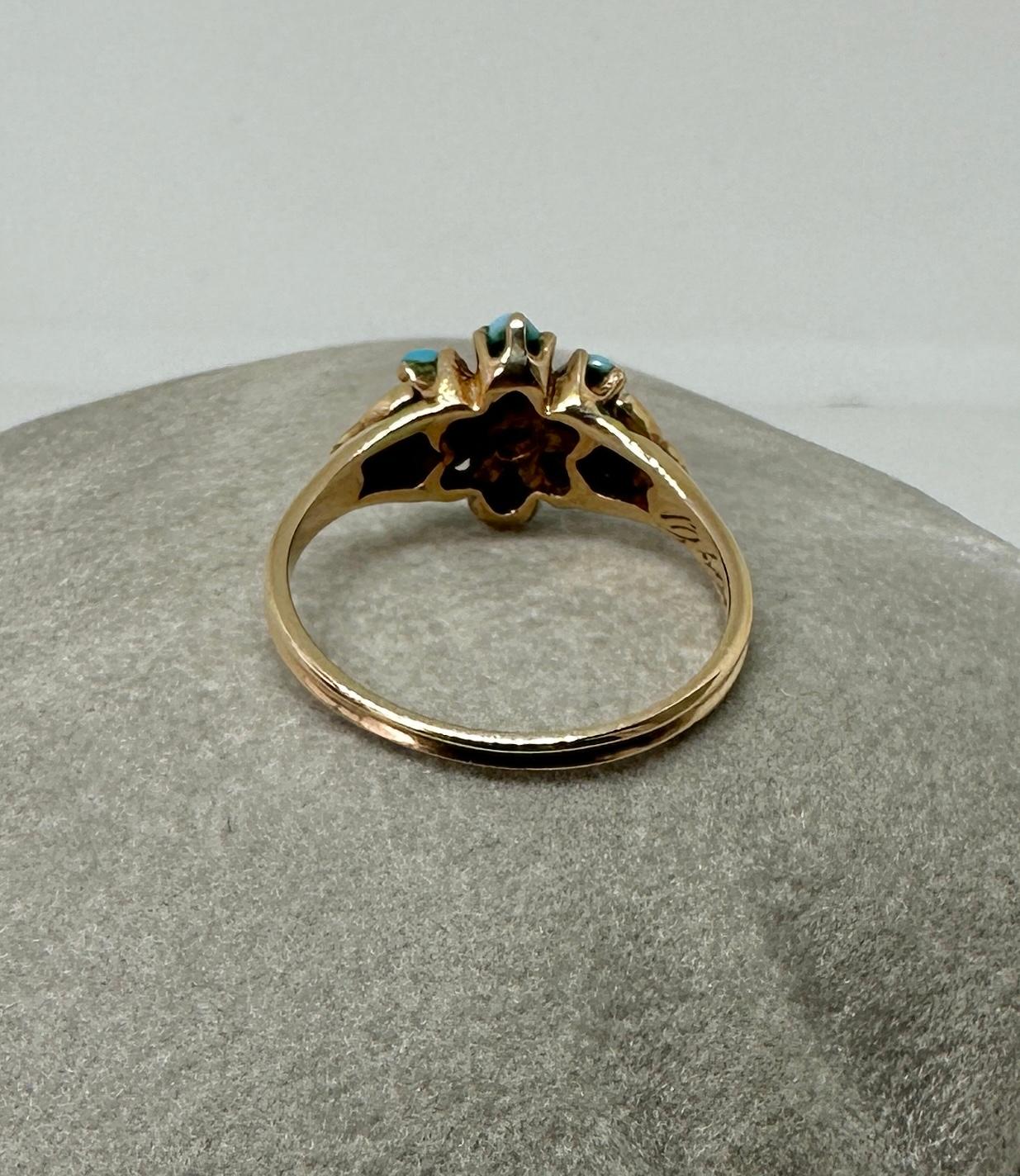 Bague de fiançailles victorienne en or antique avec perle turquoise à motif de fleurs en vente 2