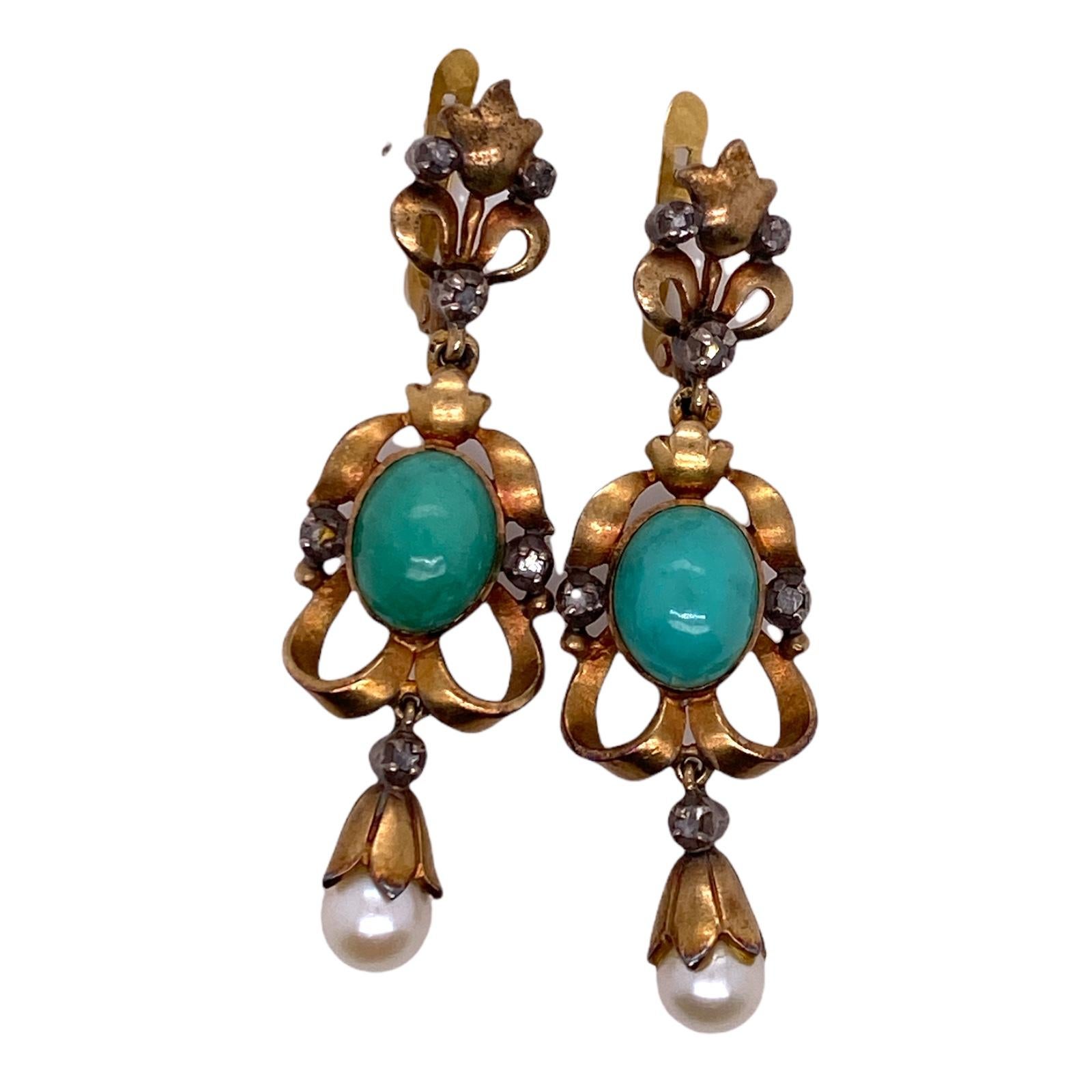 Victorian Turquoise Pearl Rose Cut Diamond Dangle Earrings 18 Karat Yellow Gold 1