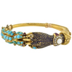 Victorian Turquoise, Pearl, Ruby and Diamond Enameled Hand Bracelet