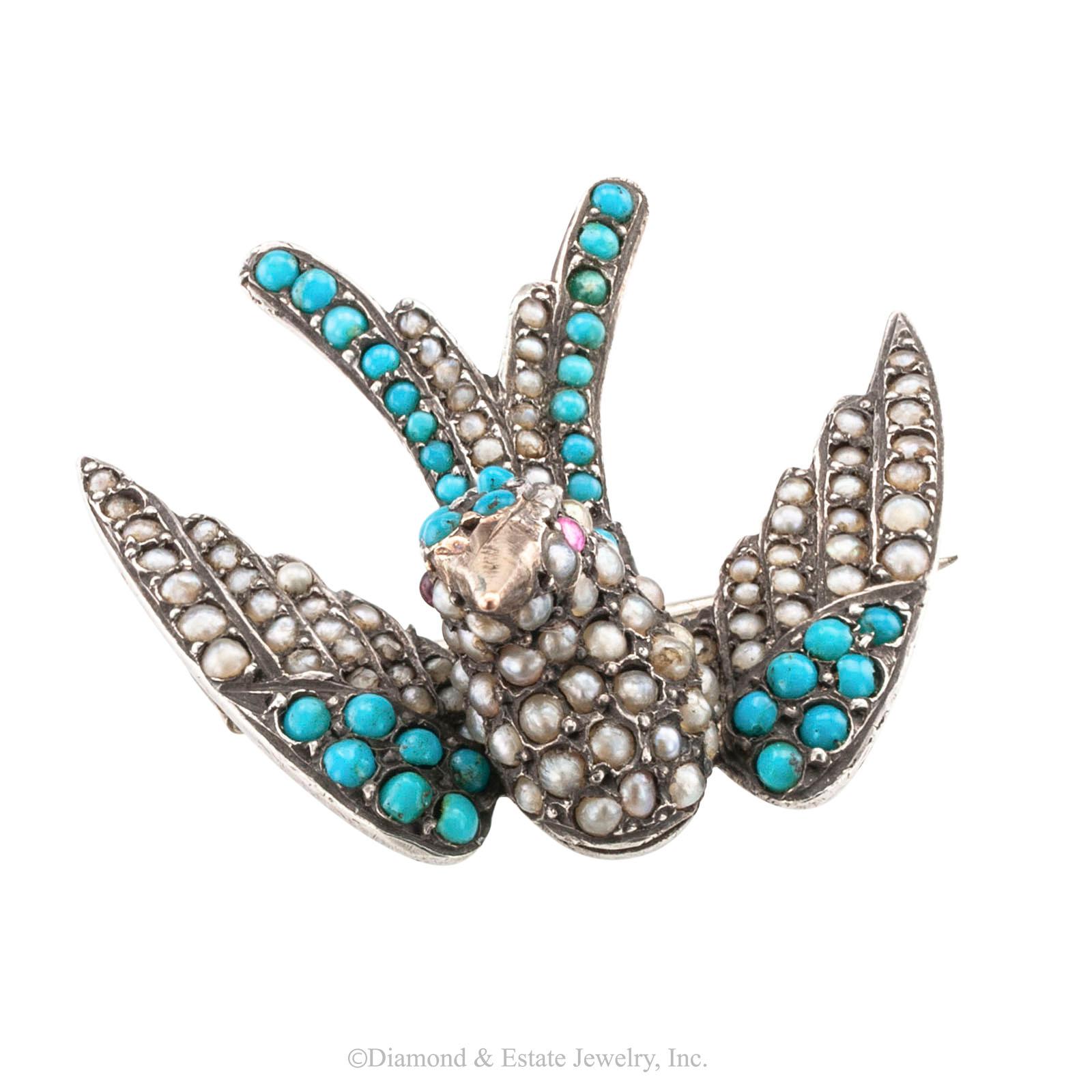 Victorian Turquoise Pearl Ruby Silver Gold Phoenix Bird Brooch In Good Condition In Los Angeles, CA