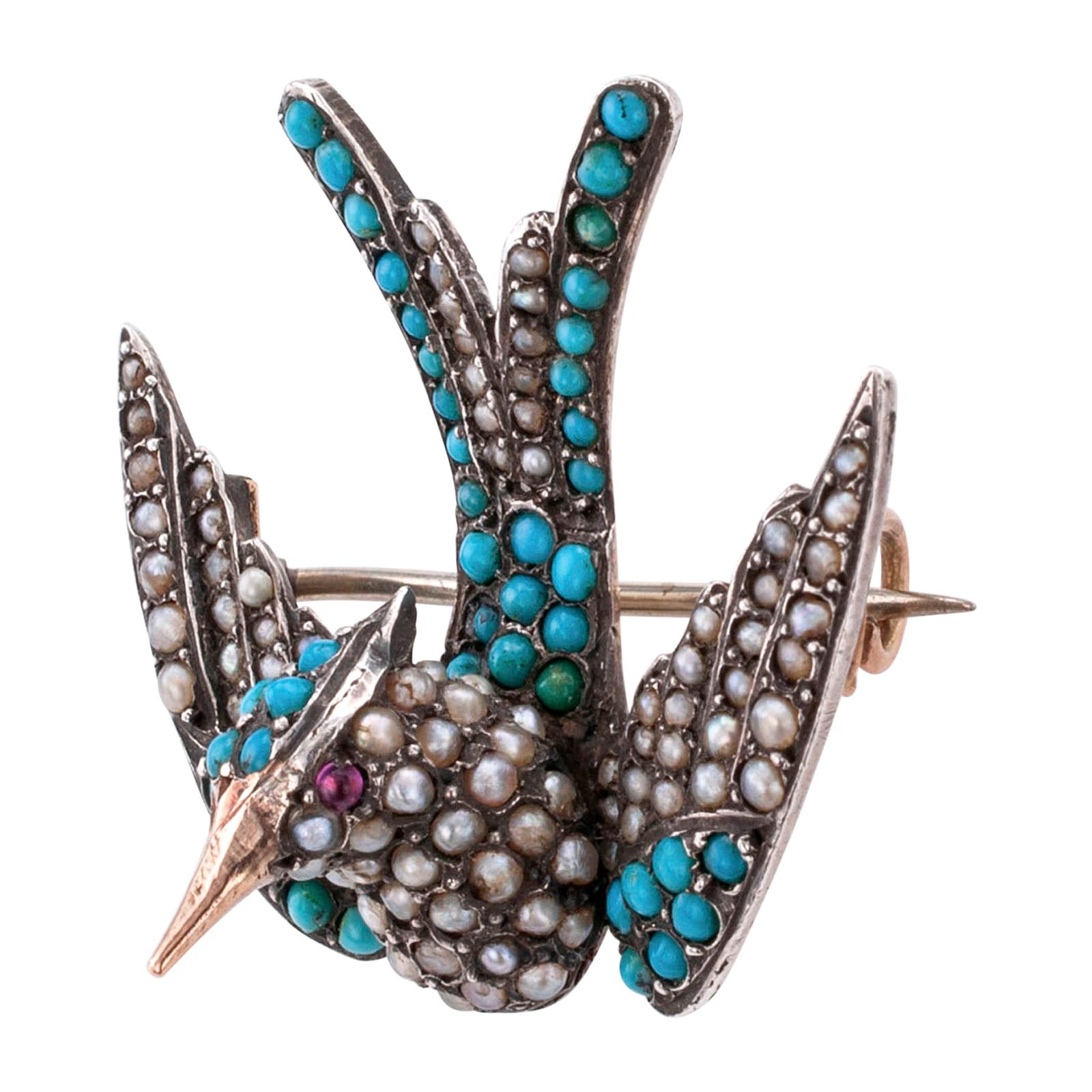 Victorian Turquoise Pearl Ruby Silver Gold Phoenix Bird Brooch