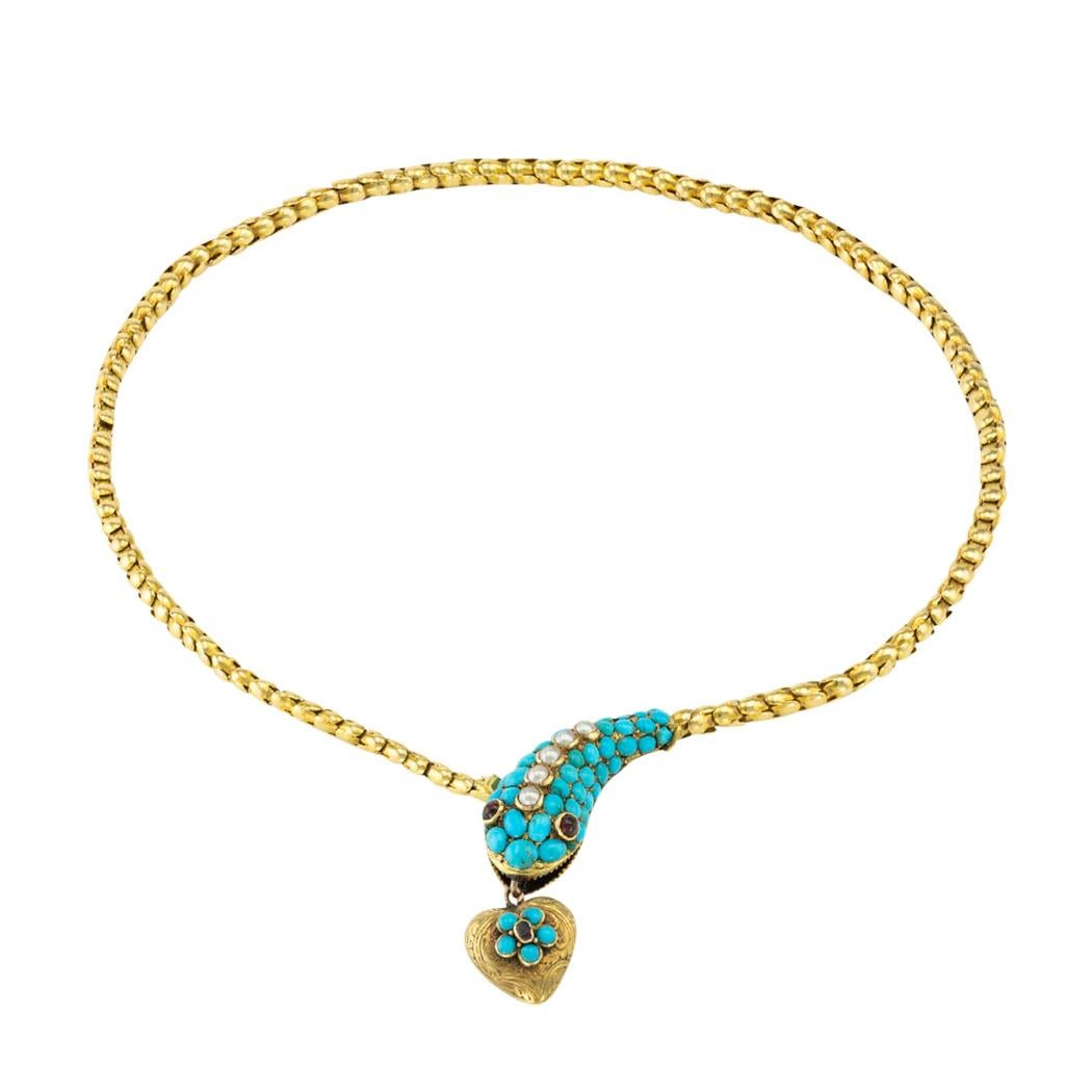 Victorian Turquoise Pearl Garnet and yellow gold snake head necklace circa 1860. *

SPECIFICATIONS:

GEMSTONES:  garnets, pearls, and turquoise.

METAL:  18-karat yellow gold.

WEIGHT:  21.1 grams.

NECKLACE CLASP:  plunger clasp completed at the