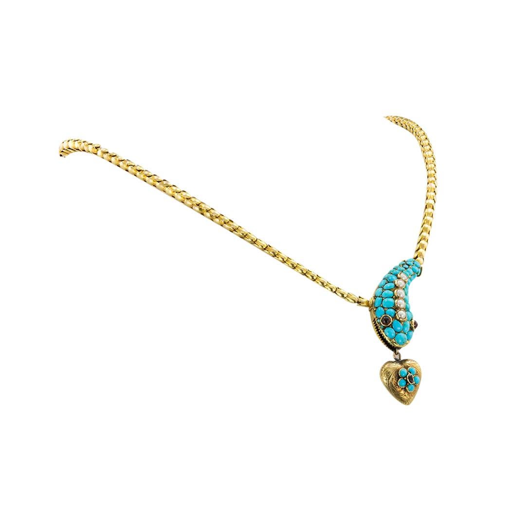 Cabochon Victorian Turquoise Pearl Snake Head Yellow Gold Necklace