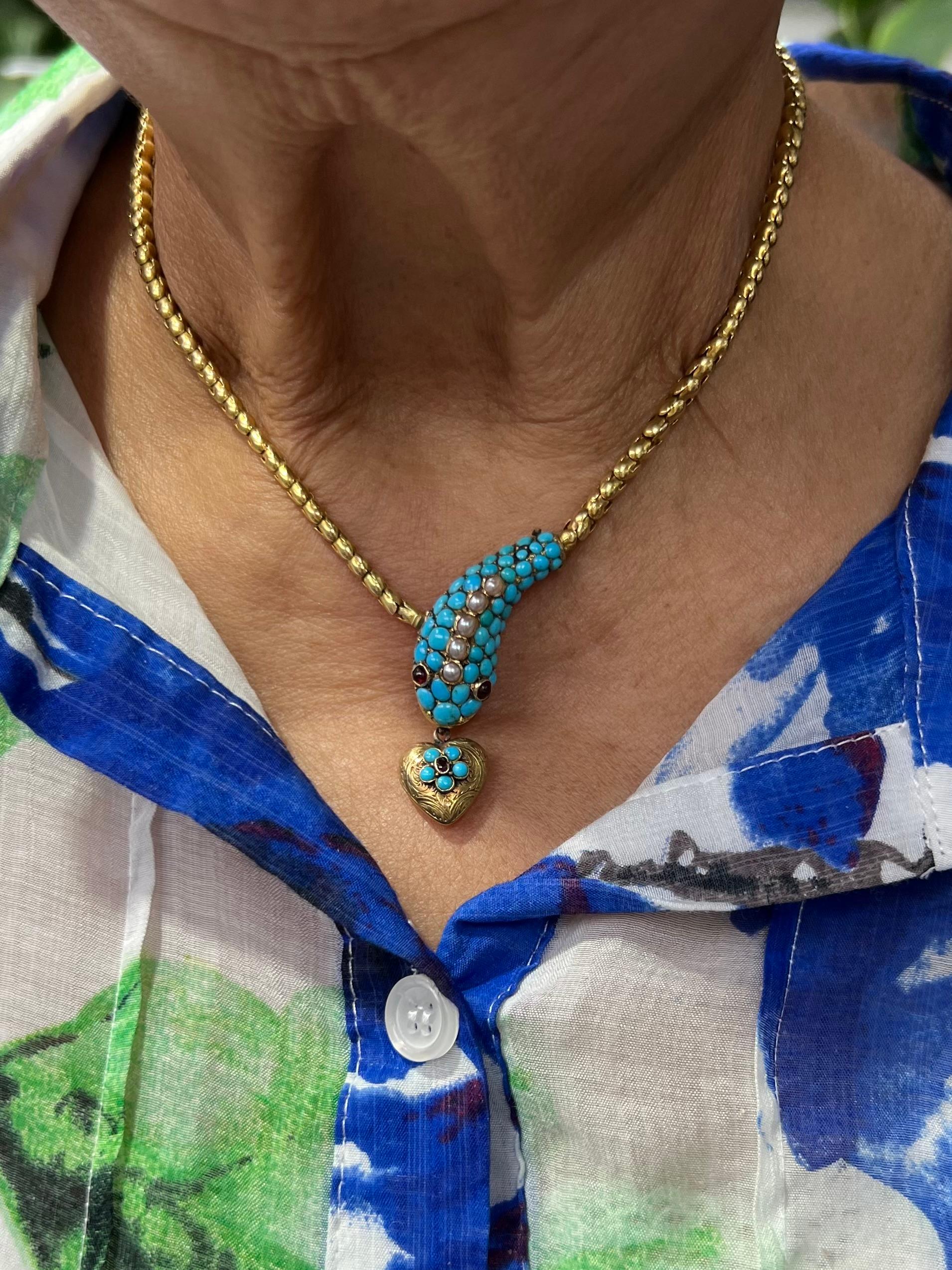 Victorian Turquoise Pearl Snake Head Yellow Gold Necklace In Good Condition In Los Angeles, CA