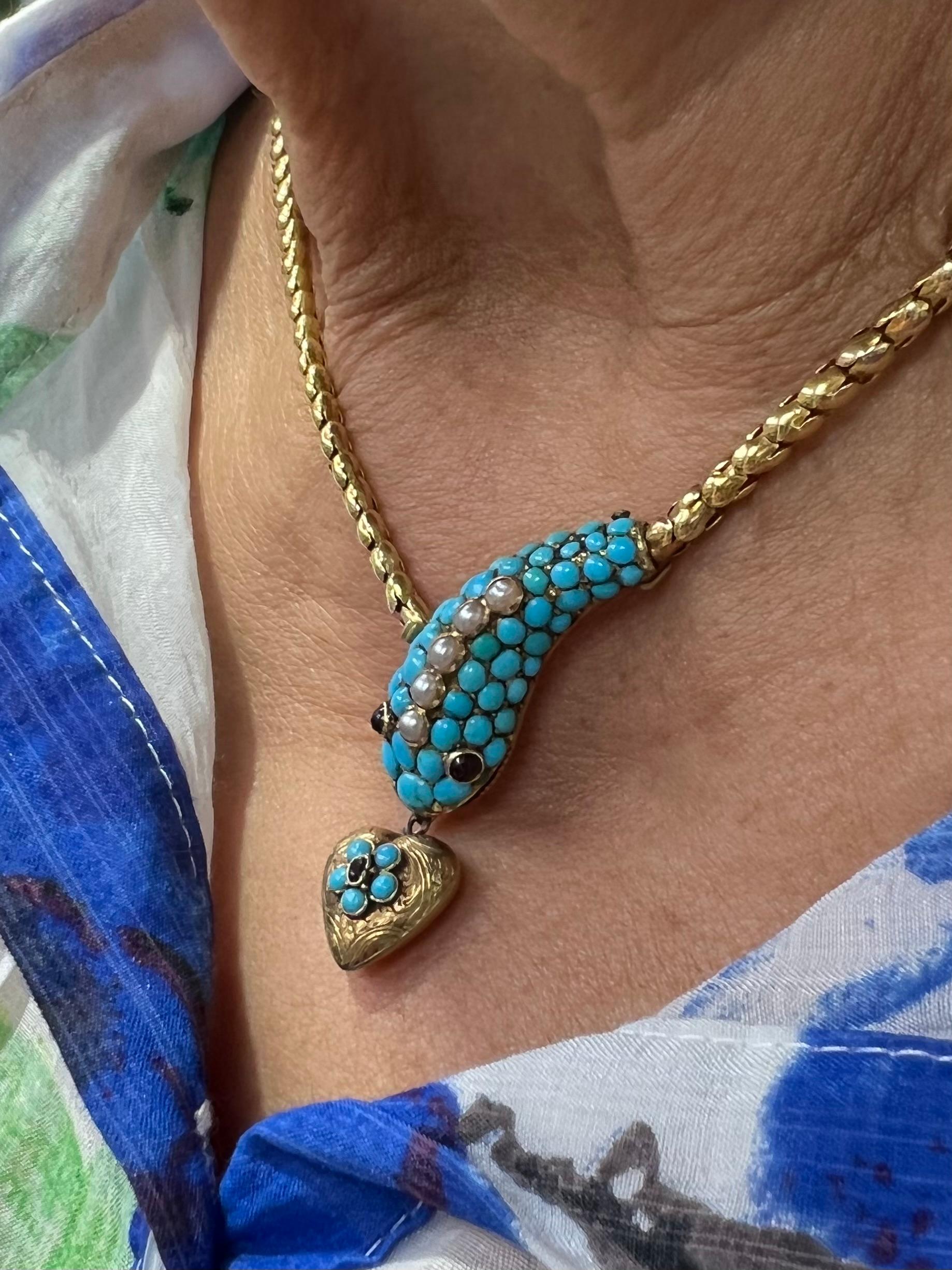 Women's Victorian Turquoise Pearl Snake Head Yellow Gold Necklace
