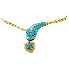 Victorian Turquoise Pearl Snake Head Yellow Gold Necklace