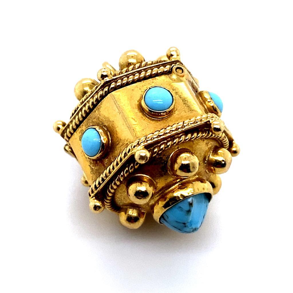 Cabochon Victorian Turquoise Pendant with Dice 18 Karat Yellow Gold For Sale