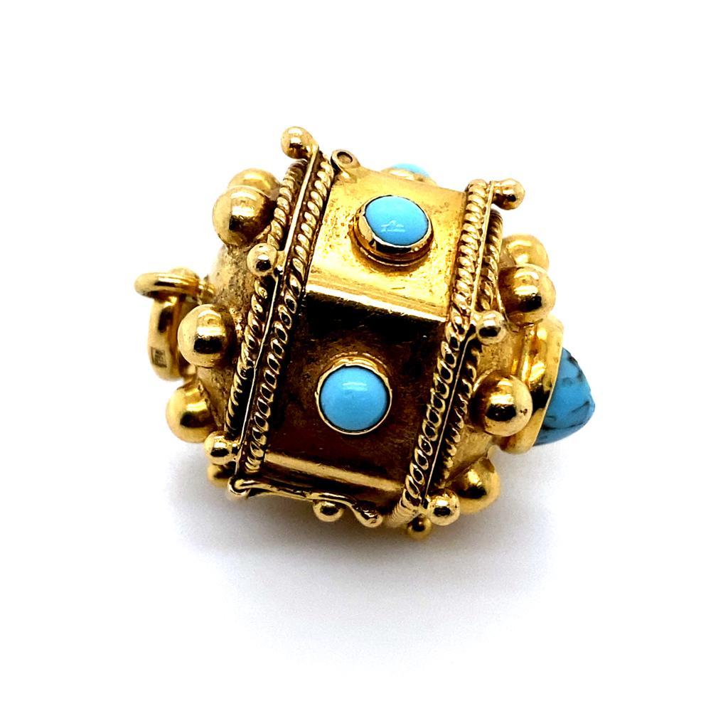 Women's Victorian Turquoise Pendant with Dice 18 Karat Yellow Gold For Sale