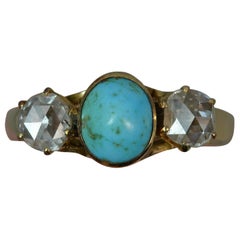 Victorian Turquoise Rose Cut Diamond 14 Carat Gold Trilogy Ring