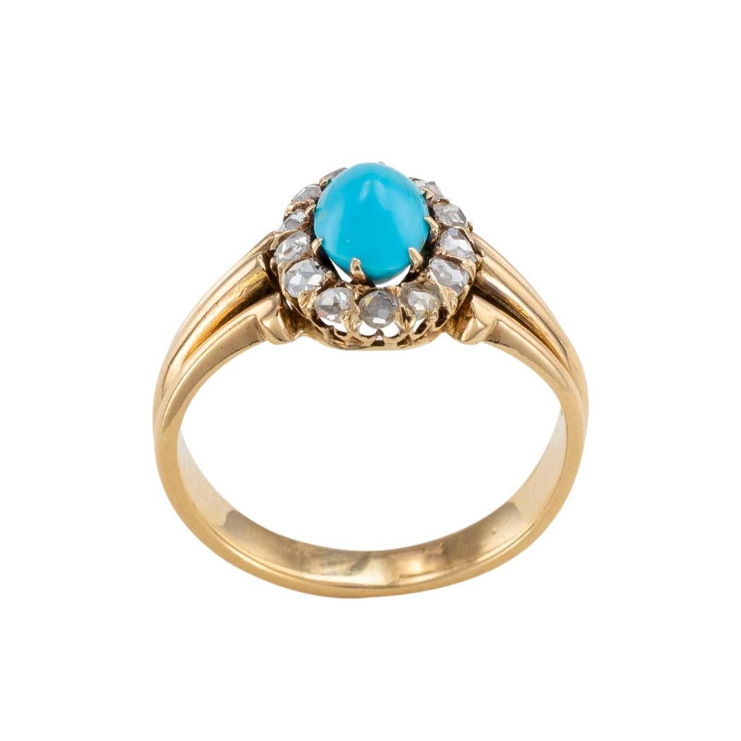 Victorian Turquoise Rose Cut Diamonds Yellow Gold Ring In Good Condition In Los Angeles, CA