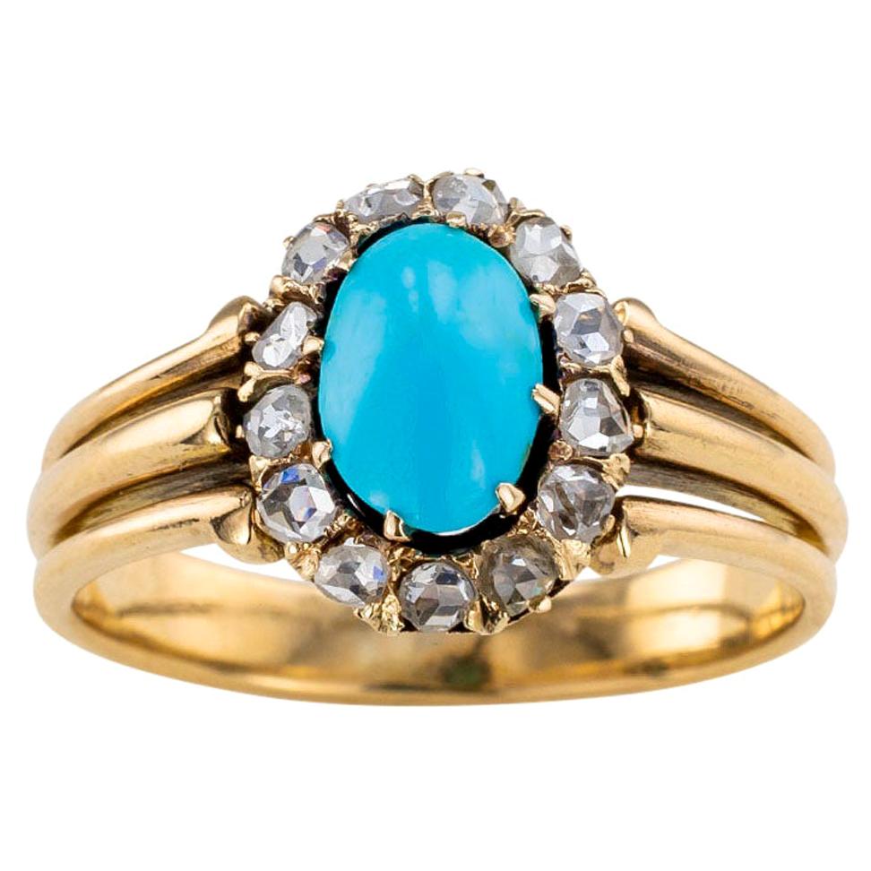 Victorian Turquoise Rose Cut Diamonds Yellow Gold Ring