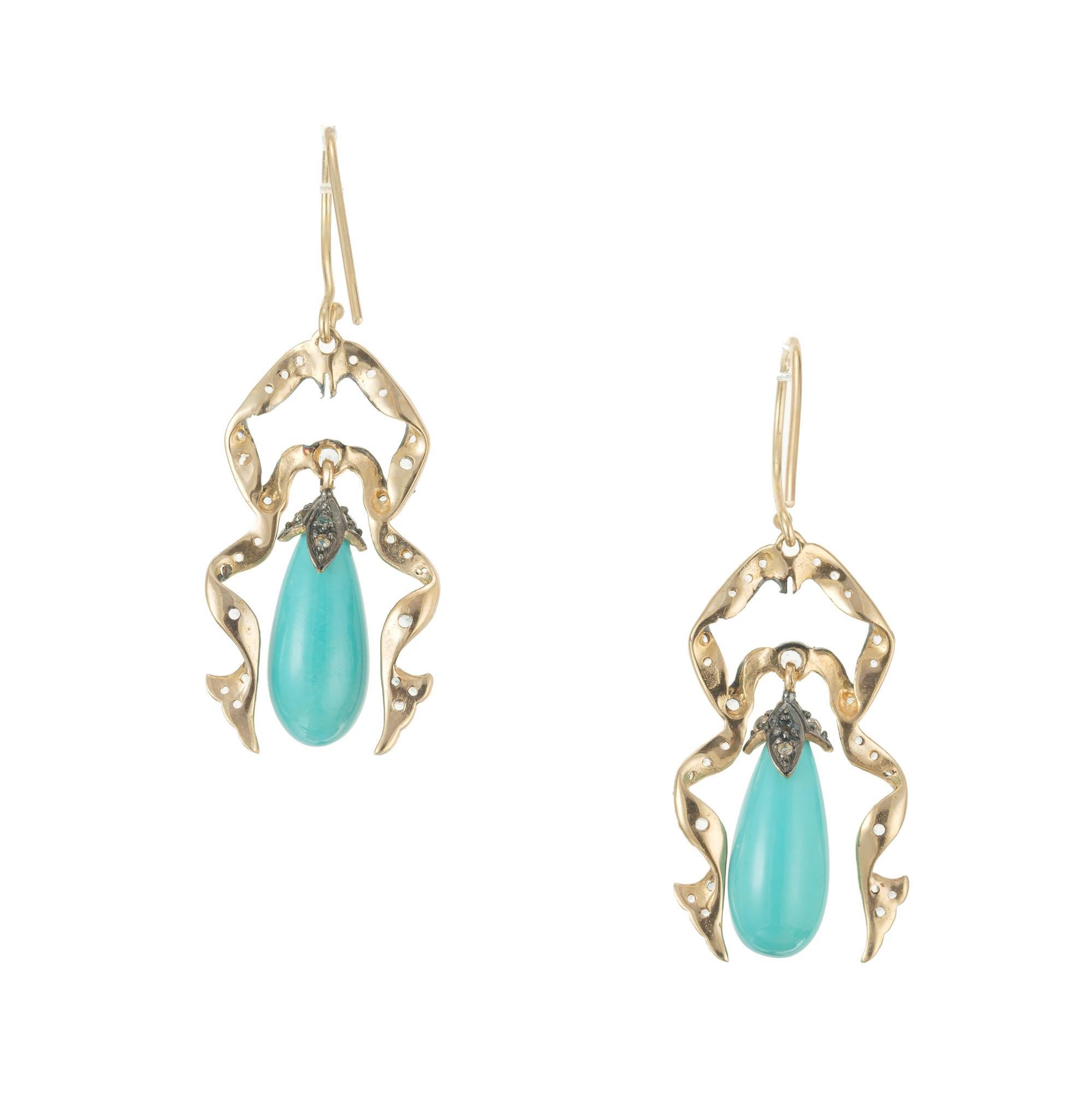 Round Cut Victorian Turquoise Round Diamond Gold Dangle Earrings For Sale