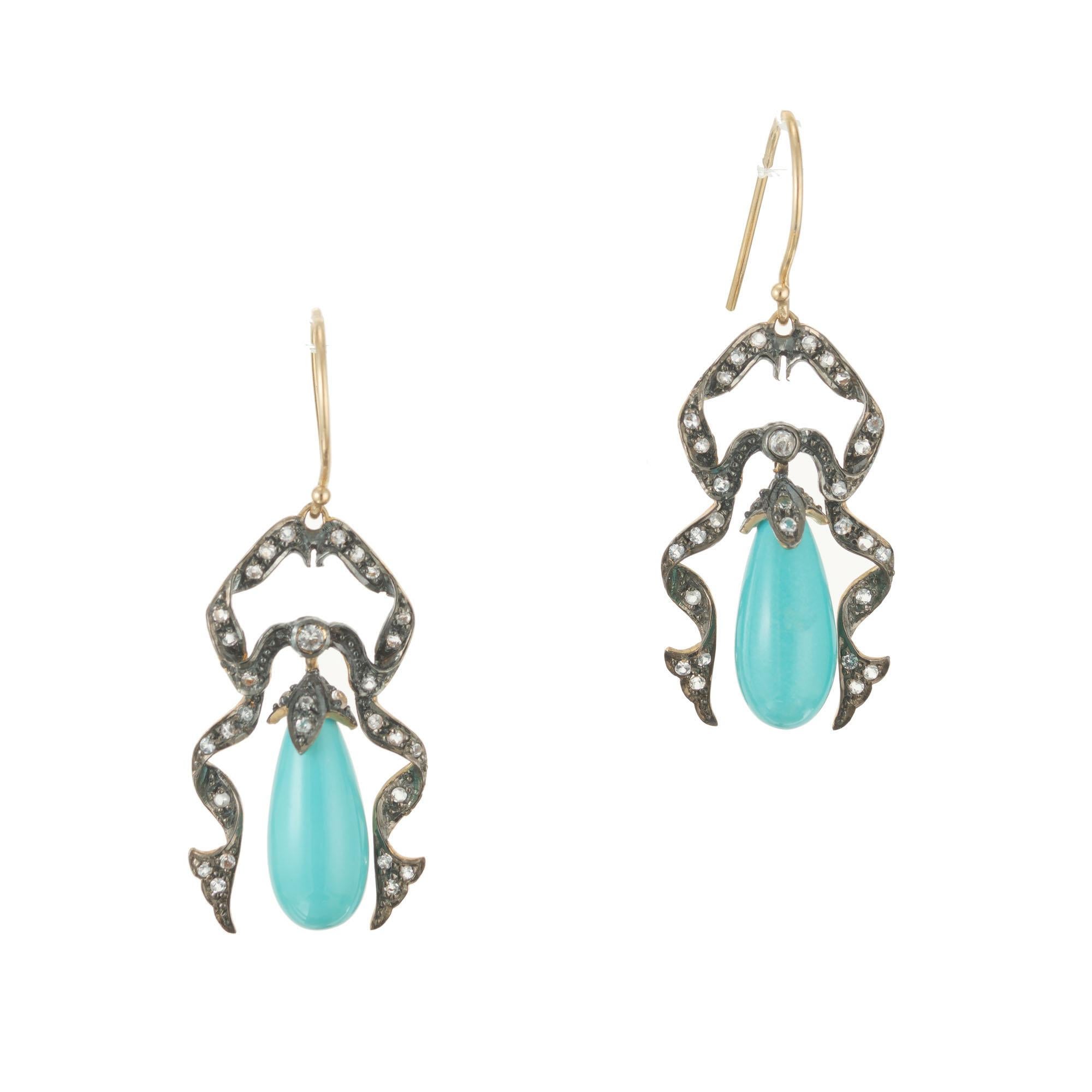 Women's Victorian Turquoise Round Diamond Gold Dangle Earrings For Sale