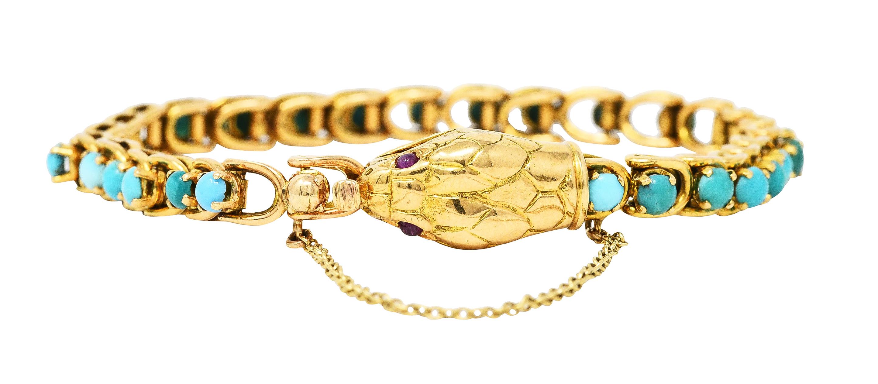 Victorian Turquoise Ruby 18 Karat Yellow Gold Antique Snake Bracelet 5