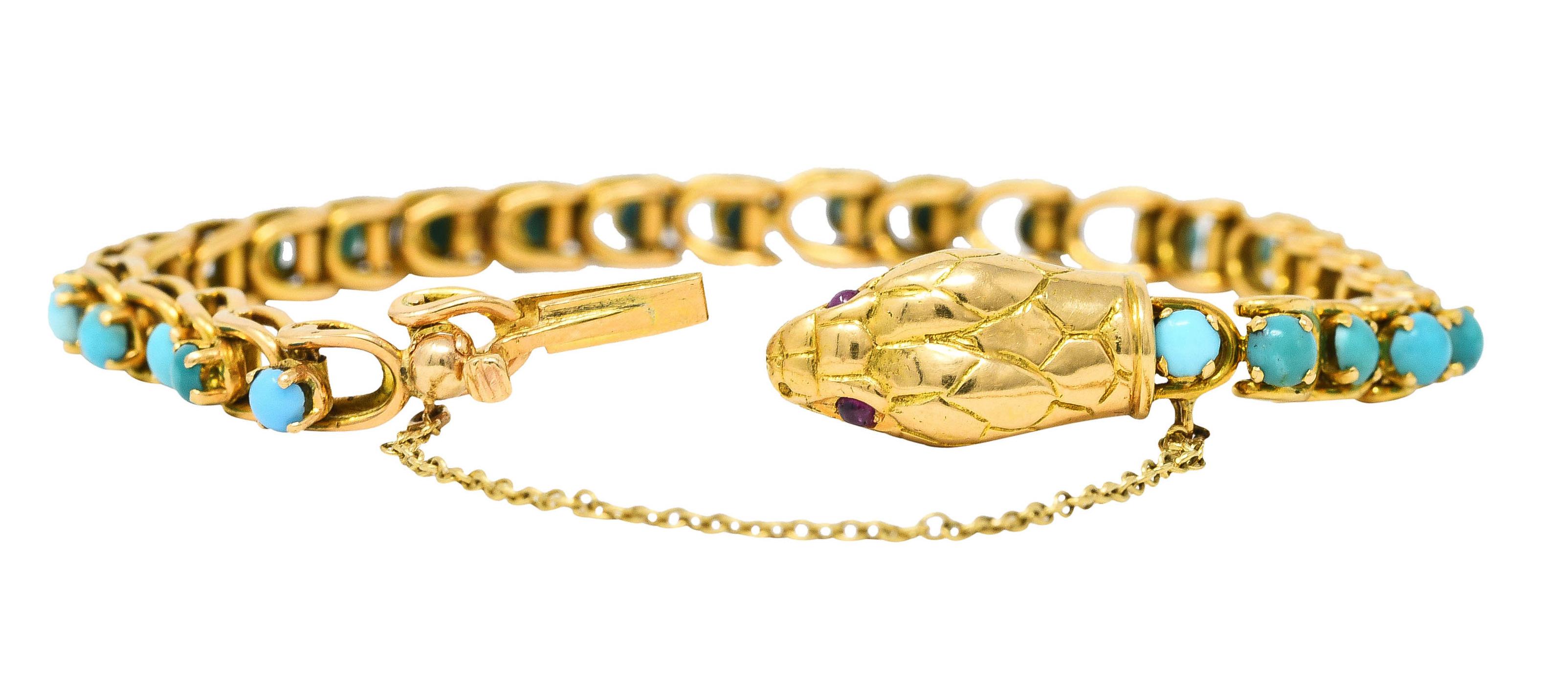 Women's or Men's Victorian Turquoise Ruby 18 Karat Yellow Gold Antique Snake Bracelet