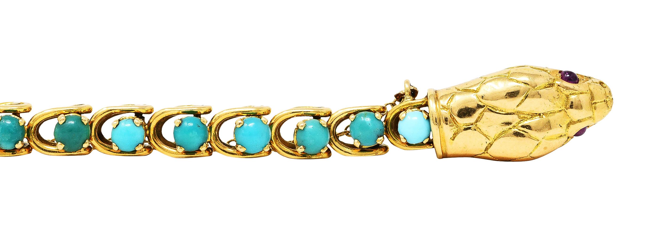 Victorian Turquoise Ruby 18 Karat Yellow Gold Antique Snake Bracelet 3
