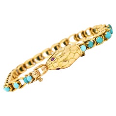 Victorian Turquoise Ruby 18 Karat Yellow Gold Antique Snake Bracelet