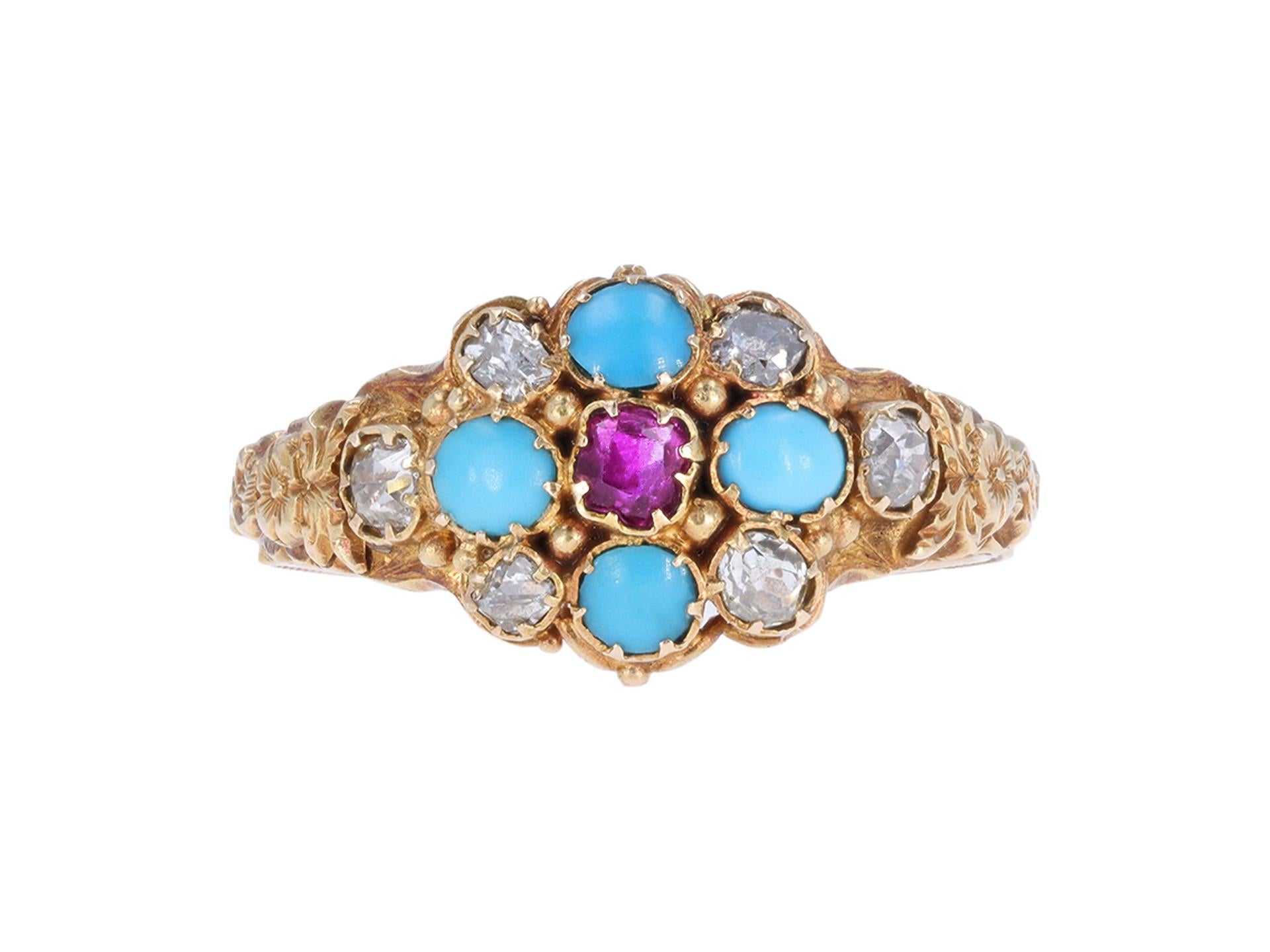Antique Cushion Cut Victorian turquoise, ruby and diamond cluster ring, English, 1861. For Sale