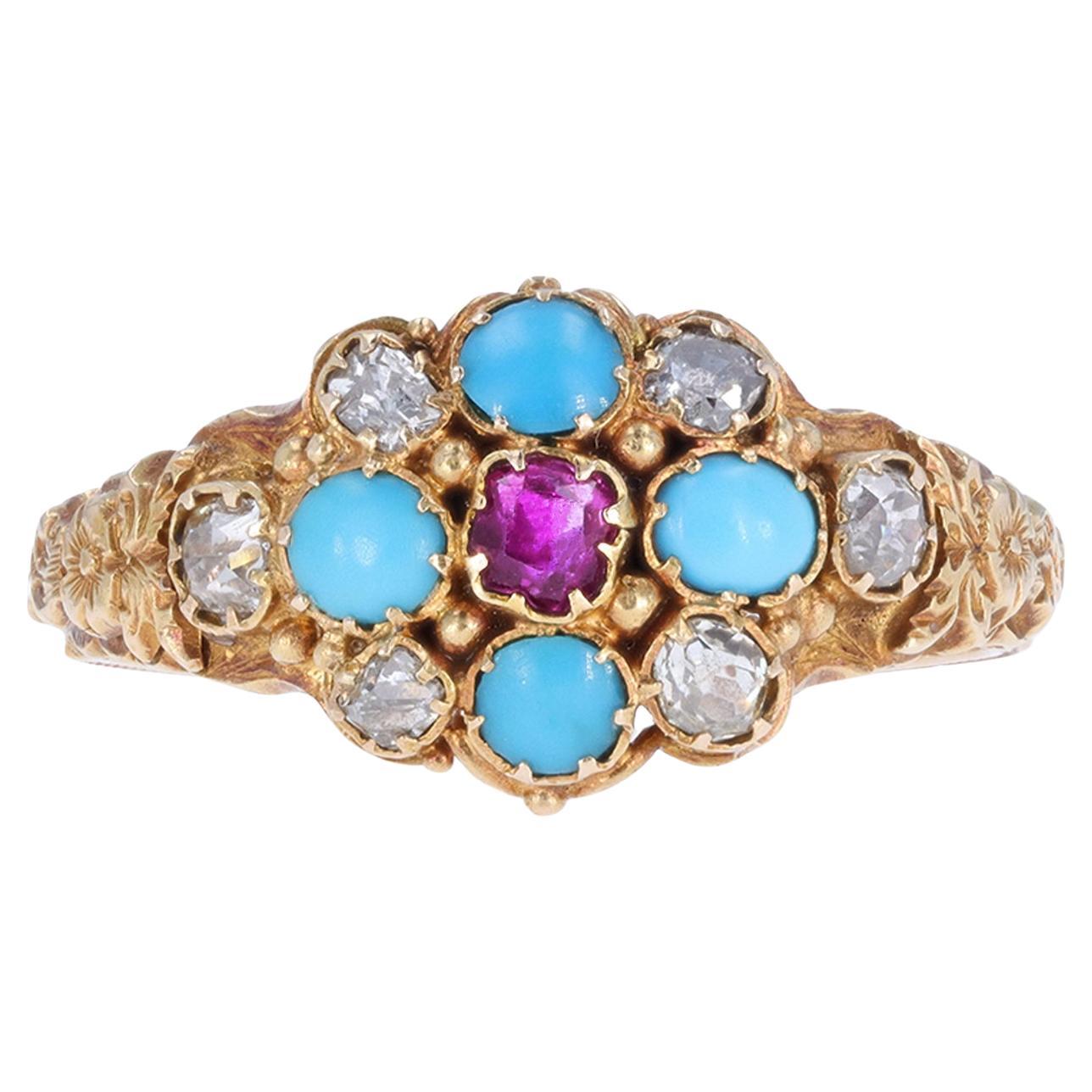 Victorian turquoise, ruby and diamond cluster ring, English, 1861. For Sale