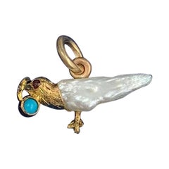 Victorian Turquoise Ruby Baroque Pearl Bird Pendant Charm Lavaliere Necklace