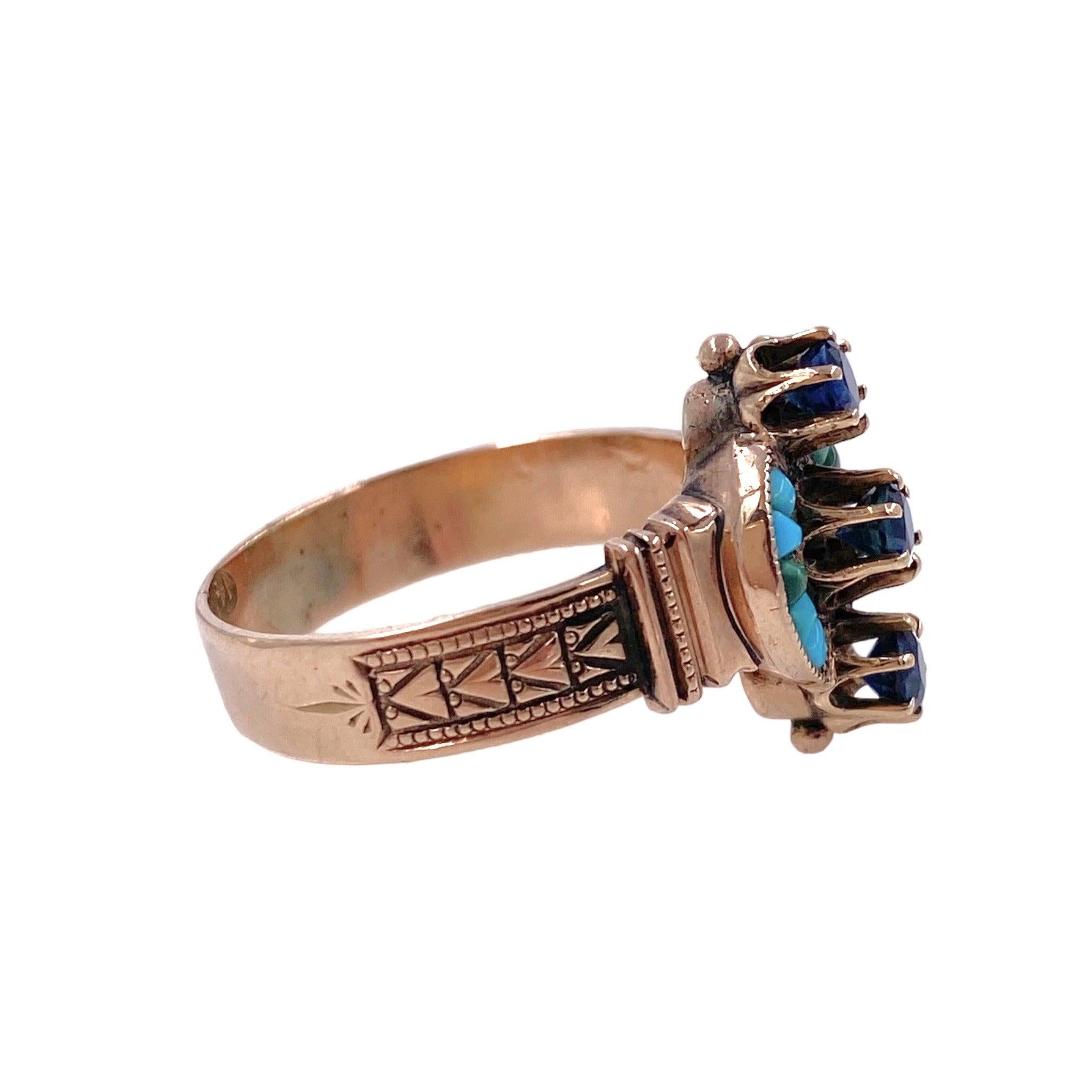 Victorian Turquoise & Sapphire 14K Rose Gold Ring Circa 1890's In Good Condition For Sale In Henderson, NV