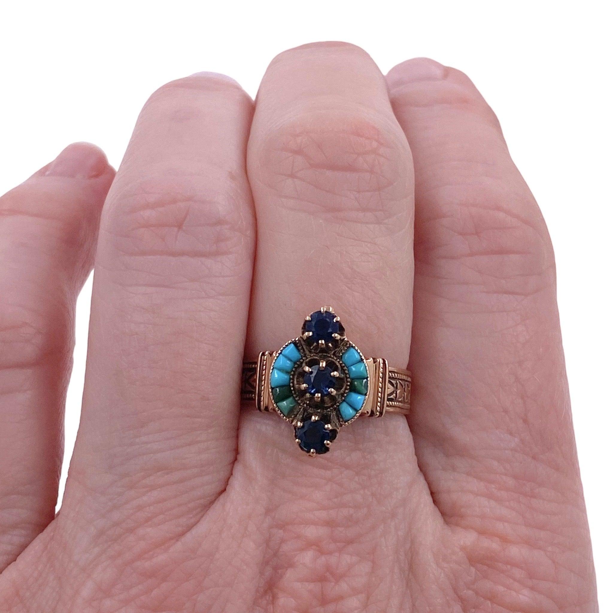 Women's Victorian Turquoise & Sapphire 14K Rose Gold Ring Circa 1890's For Sale