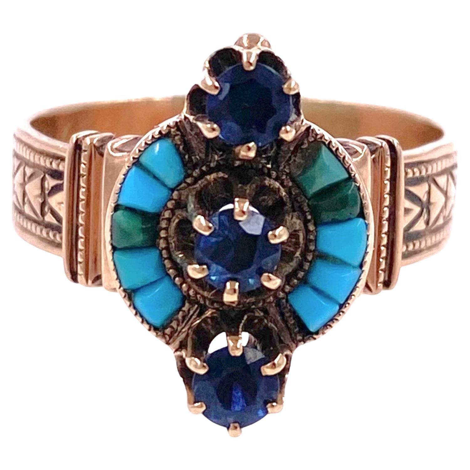 Victorian Turquoise & Sapphire 14K Rose Gold Ring Circa 1890's For Sale