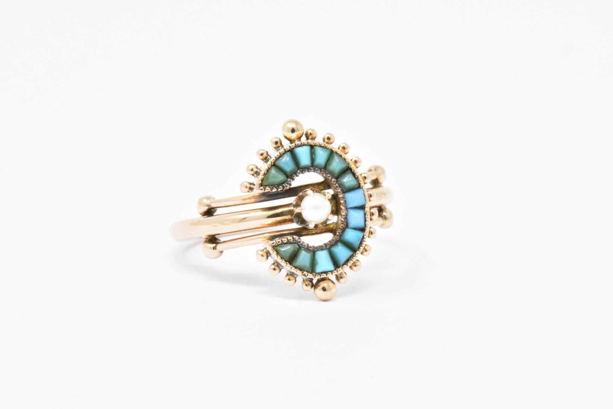 Victorian Turquoise Seed Pearl and 14 Karat Rose Gold Ring 3