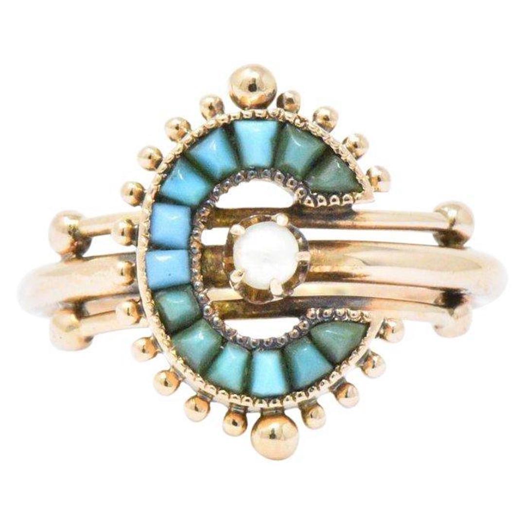 Victorian Turquoise Seed Pearl and 14 Karat Rose Gold Ring