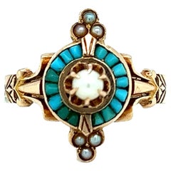 Victorian Turquoise & Seed Pearl Ring in 14K Rose Gold