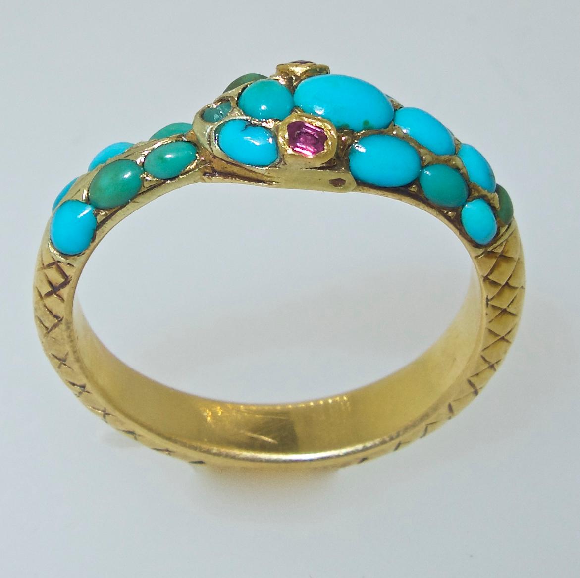 Victorian Turquoise Serpent Ring, circa 1870 In Fair Condition In Aspen, CO