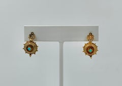 Victorian Turquoise Shell Dangle Drop Earrings Etruscan Revival 14 Karat Gold