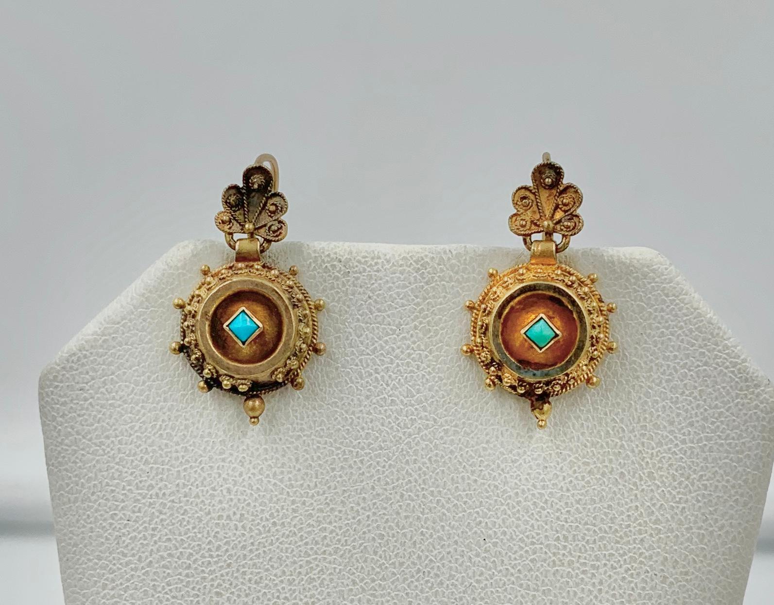 Square Cut Victorian Turquoise Shell Dangle Drop Earrings Etruscan Revival 14 Karat Gold For Sale