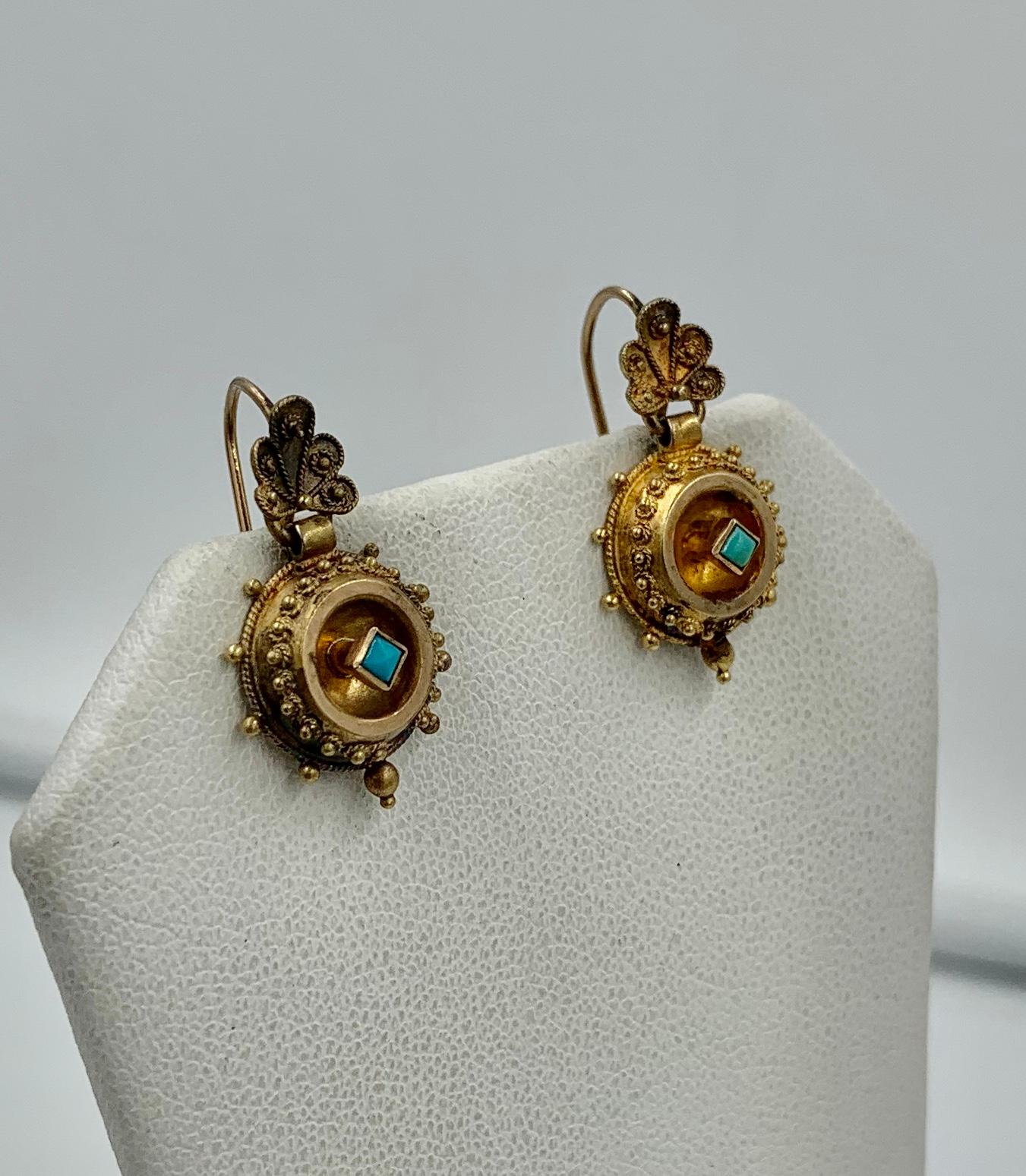 Victorian Turquoise Shell Dangle Drop Earrings Etruscan Revival 14 Karat Gold In Good Condition For Sale In New York, NY