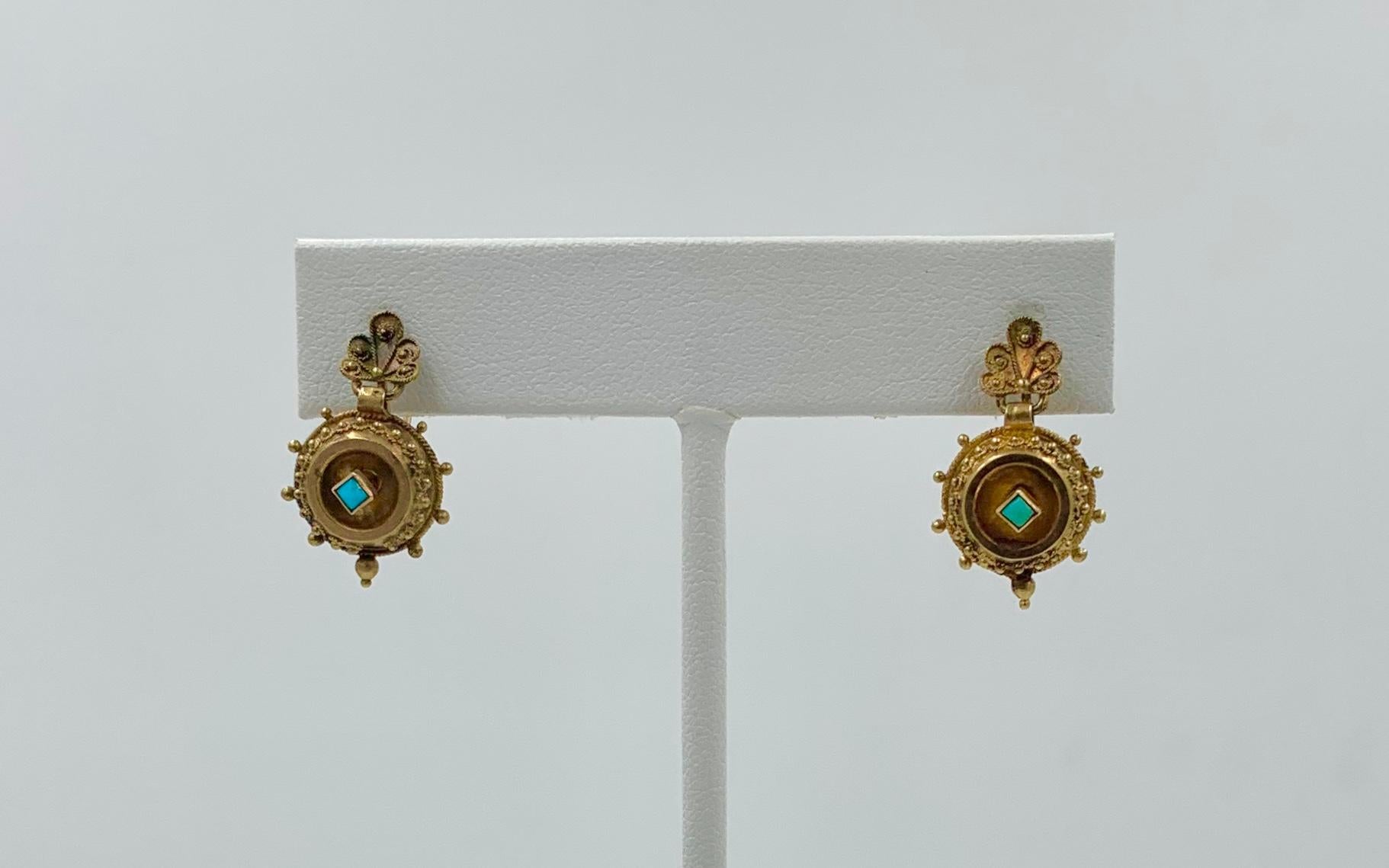 Women's Victorian Turquoise Shell Dangle Drop Earrings Etruscan Revival 14 Karat Gold For Sale