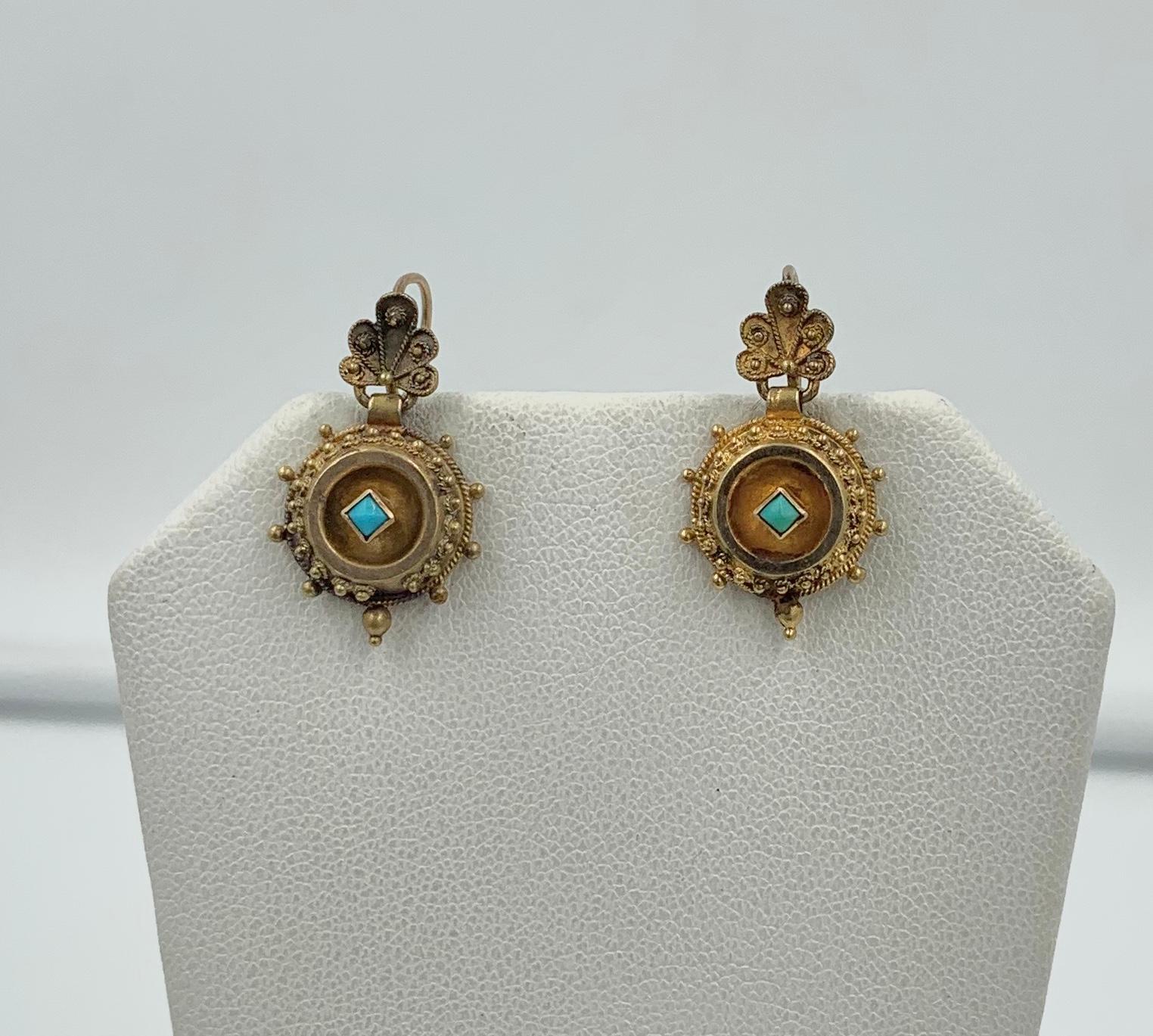 Victorian Turquoise Shell Dangle Drop Earrings Etruscan Revival 14 Karat Gold For Sale 1