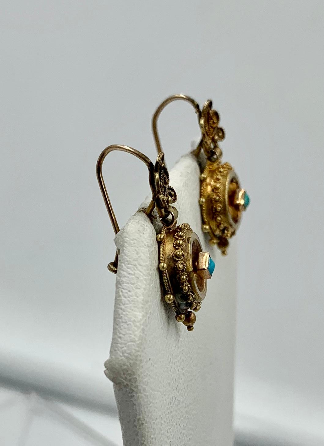 Victorian Turquoise Shell Dangle Drop Earrings Etruscan Revival 14 Karat Gold For Sale 3