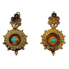 Victorian Turquoise Shell Dangle Drop Earrings Etruscan Revival 14 Karat Gold