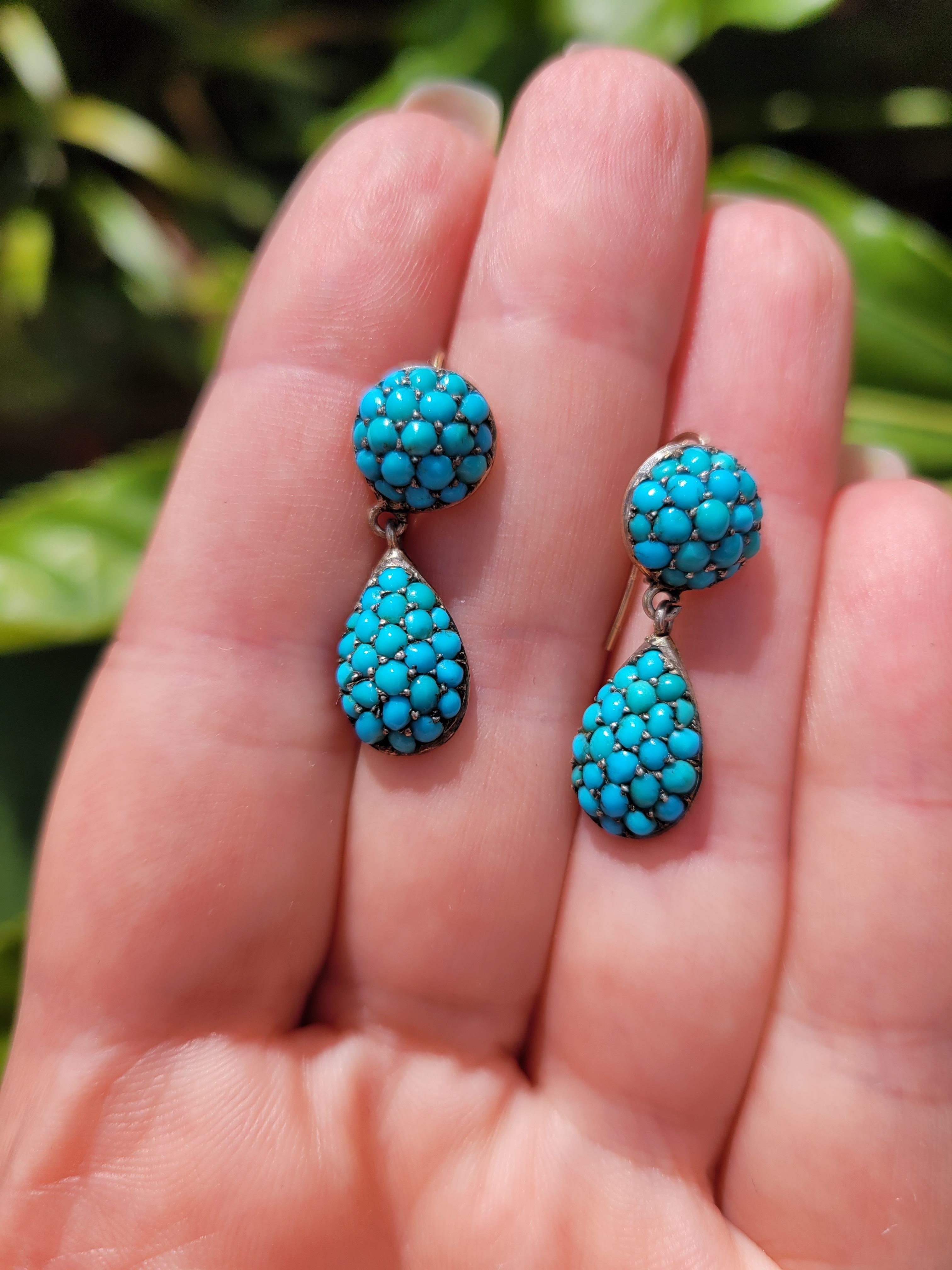 Cabochon Victorian Turquoise Silver drop earrings For Sale