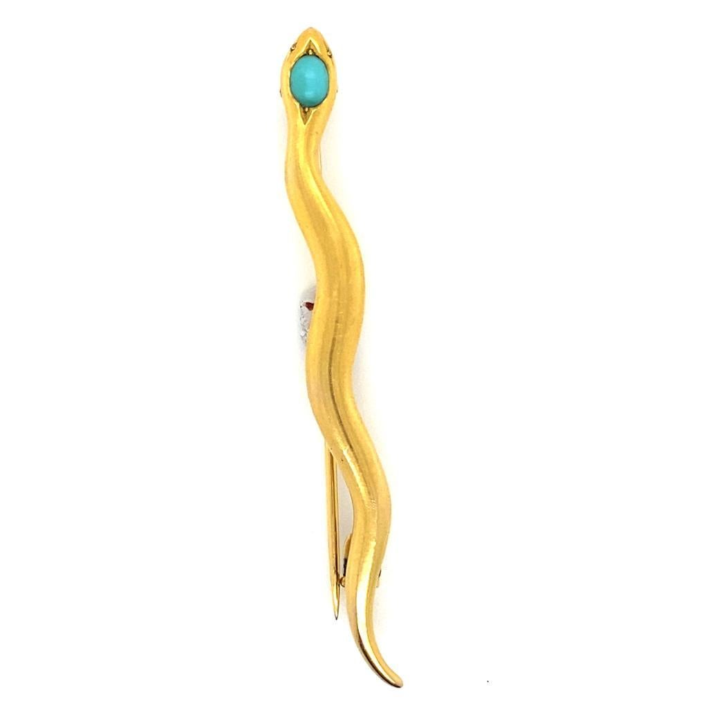 Victorian Turquoise Snake Brooch 18 Karat Yellow Gold For Sale 2