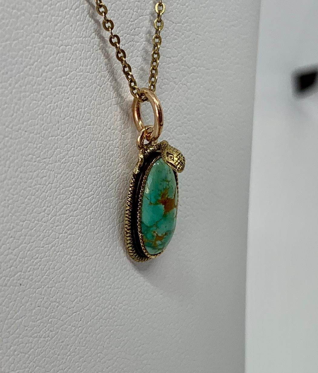 Victorian Turquoise Snake Pendant Necklace Egg Globe Antique 14 Karat Gold L & A For Sale 3