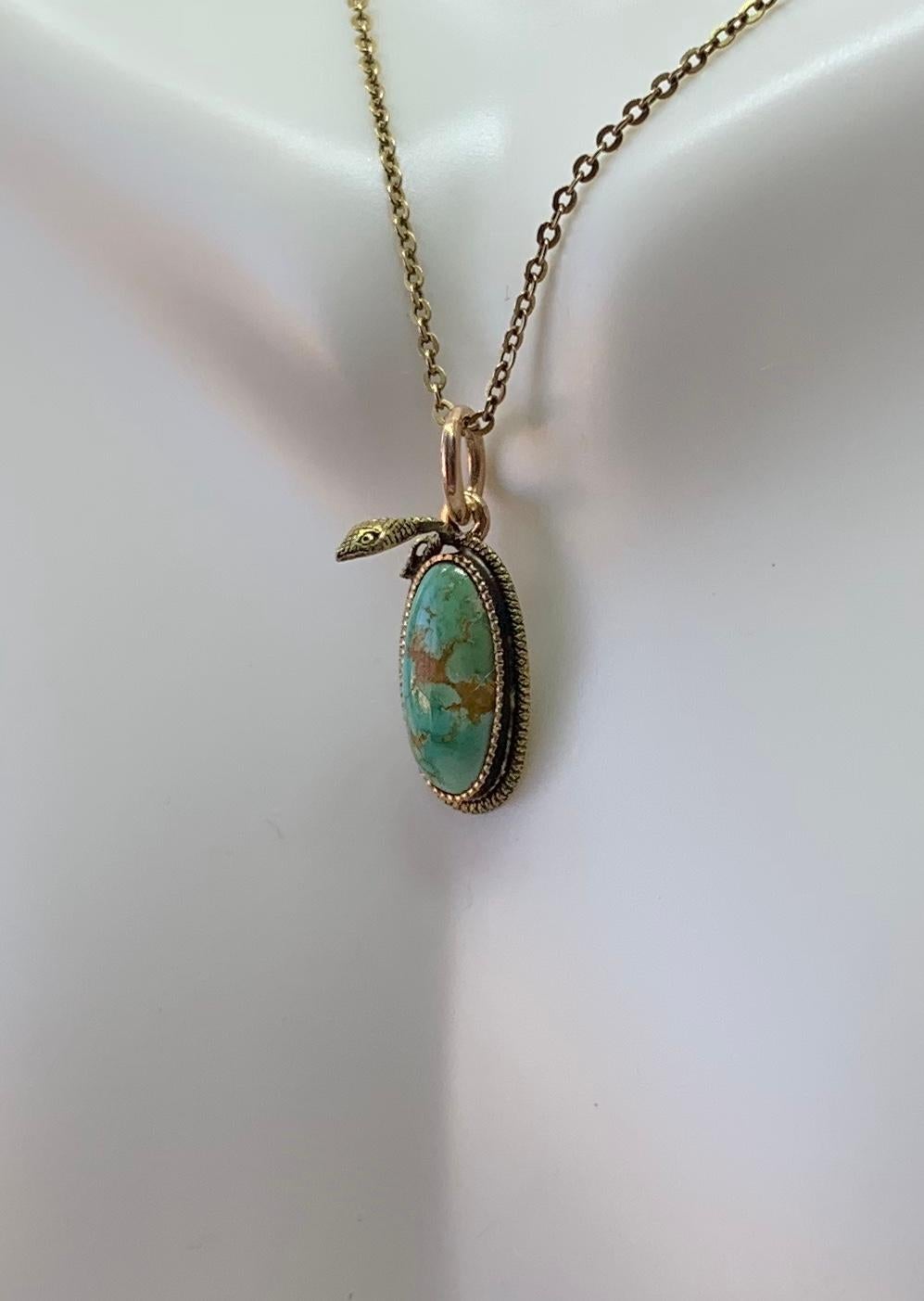 Cabochon Victorian Turquoise Snake Pendant Necklace Egg Globe Antique 14 Karat Gold L & A For Sale