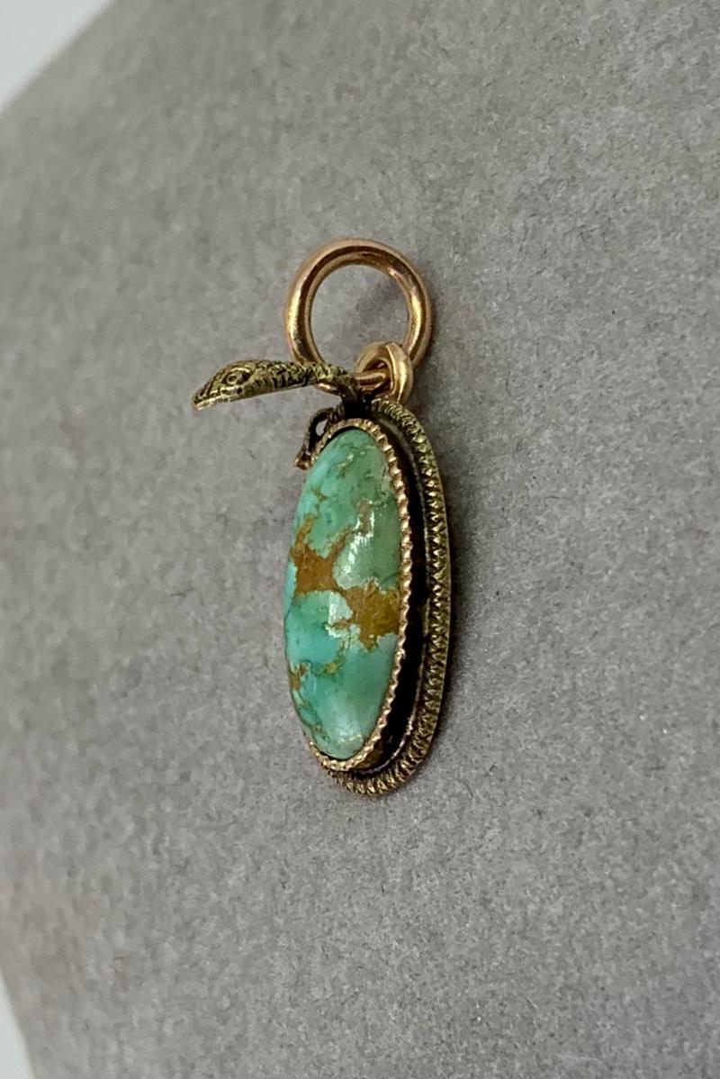 Victorian Turquoise Snake Pendant Necklace Egg Globe Antique 14 Karat Gold L & A In Excellent Condition For Sale In New York, NY