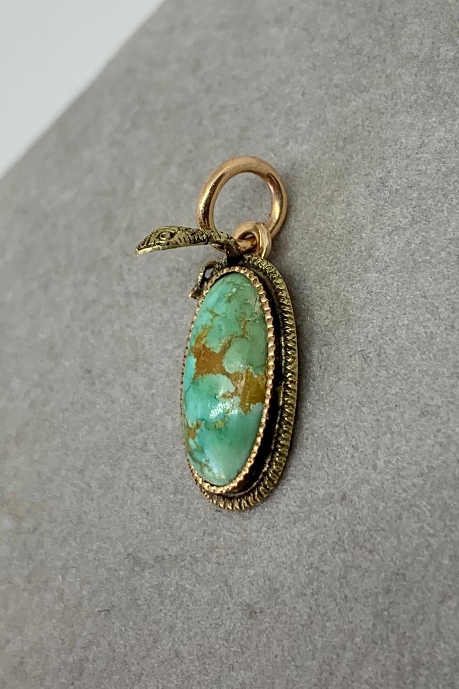 Women's or Men's Victorian Turquoise Snake Pendant Necklace Egg Globe Antique 14 Karat Gold L & A For Sale