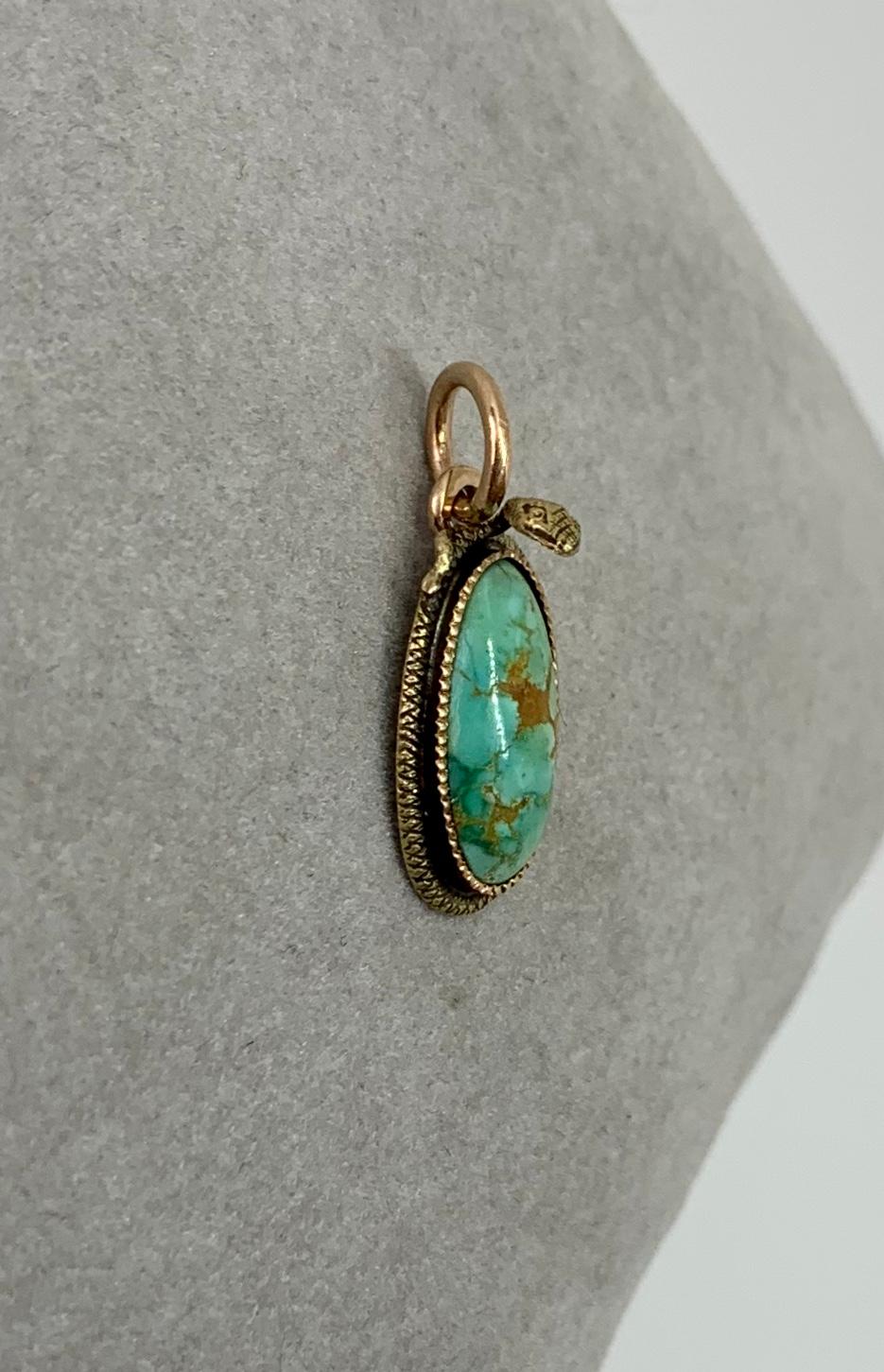 Victorian Turquoise Snake Pendant Necklace Egg Globe Antique 14 Karat Gold L & A For Sale 1