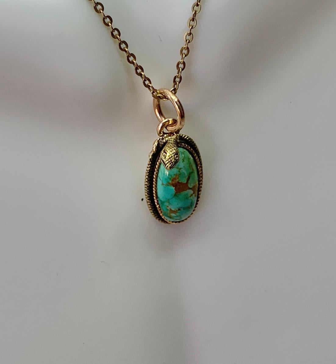 Victorian Turquoise Snake Pendant Necklace Egg Globe Antique 14 Karat Gold L & A For Sale 2
